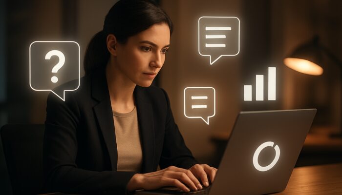 Professional creating LinkedIn poll on laptop, surrounded by question icons and engagement charts in warm office lighting.