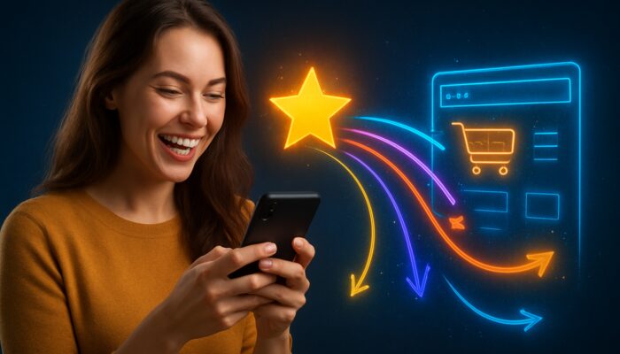 Joyful customer on smartphone posting review, with vibrant links to bustling e-commerce site symbolizing SEO growth.