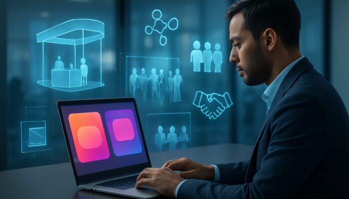 Professional browsing Eventbrite and Meetup for trade shows, networking, and partnership opportunities