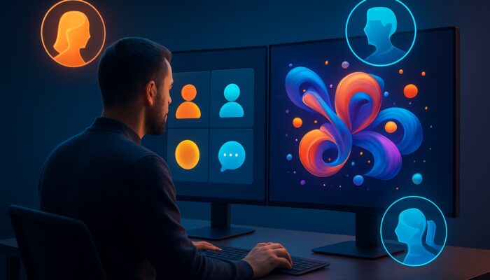 Designer comparing 2D icons and 3D motion graphics on screens with audience personas nearby