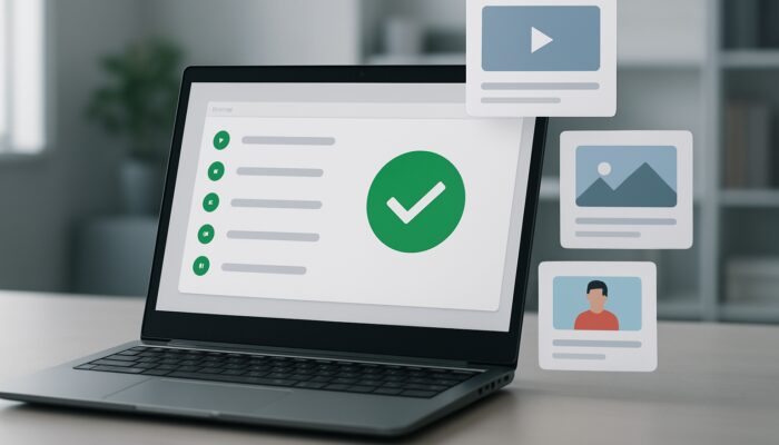 Laptop displaying Google's Structured Data Testing Tool validating video schema markup with green checkmarks and rich thumbnails