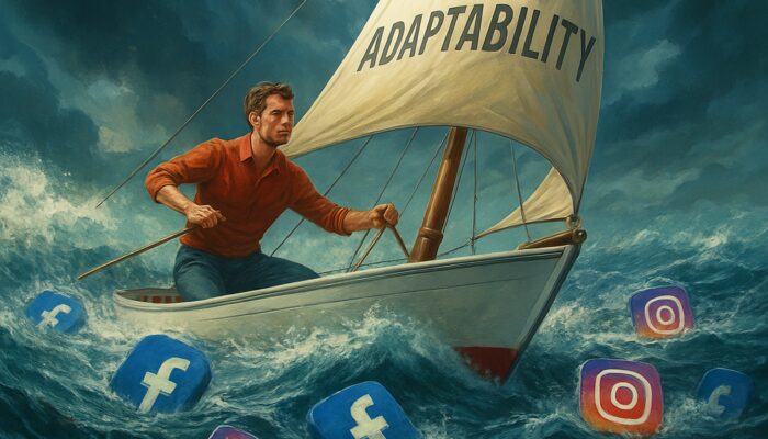 Digital marketer steering boat through Facebook and Instagram icon waves with adaptability sails.